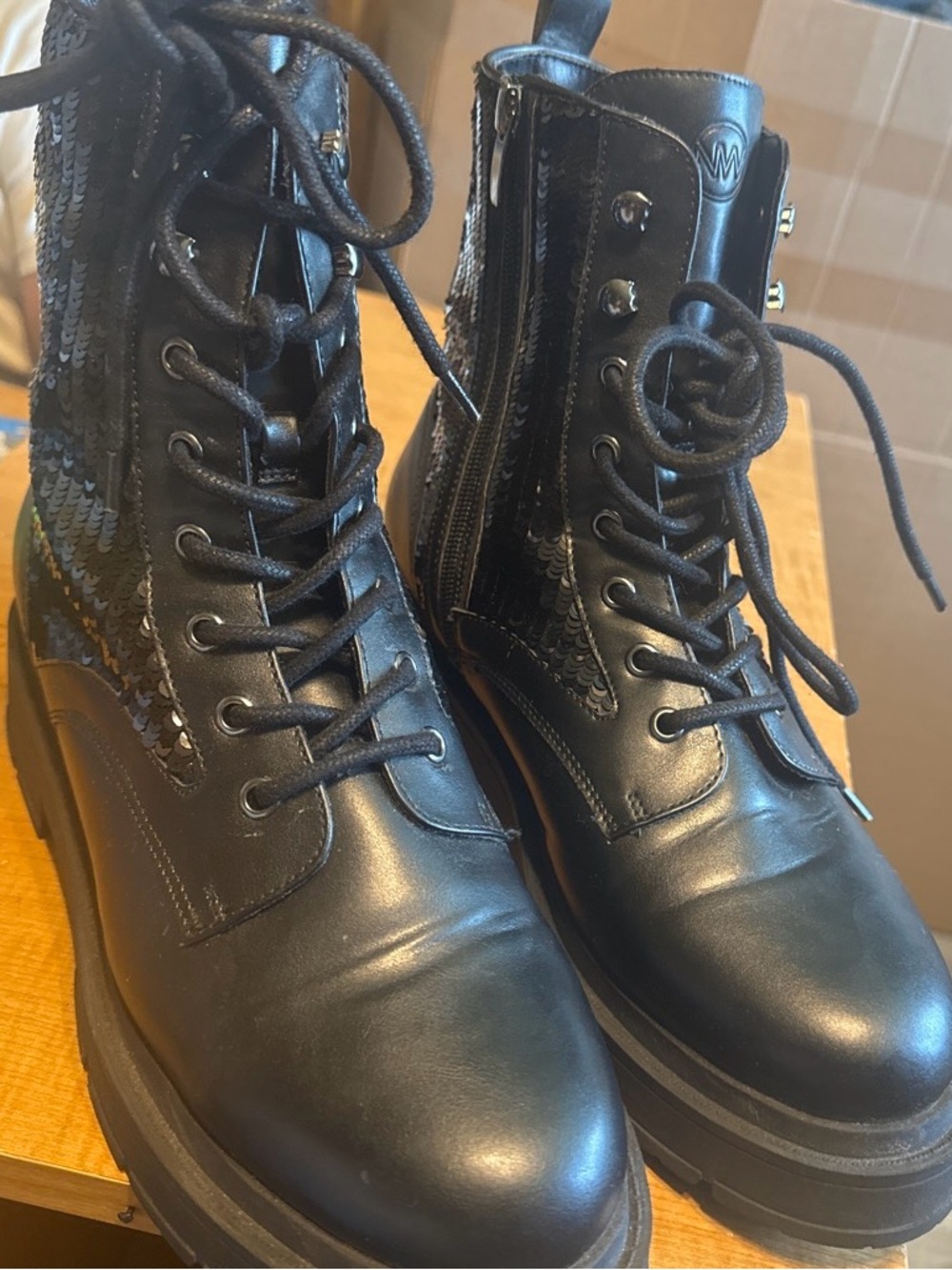 Black Women's Lace-Up Combat Boots with Sequin Detail
